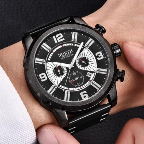 NORTH Mens Watches Top Luxury Brand Business Watch Men Chronograph Full Steel Waterproof Analog Quartz Wristwatch Male Clock