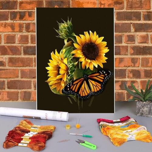 Flower Sunflower Printed Fabric 11CT Cross-Stitch Full Kit DIY Embroidery DMC Threads Handiwork Craft Sewing Promotions
