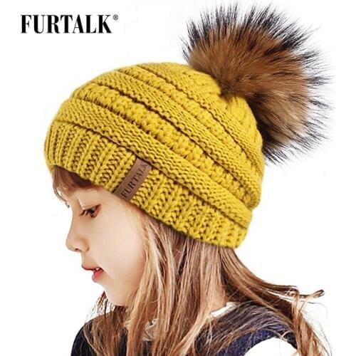 FURTALK Winter Hat Kids Velvet Beanie Hat Children Pompom Hat Warm Winter Knitted Cap for Baby Boys Girls Child Real Fur Pom Cap
