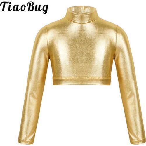 TiaoBug Kids Teens Long Sleeves Shiny Metallic Ballet Gymnastics Crop Tops Children Girls Stage Performance Sports Dance Costume