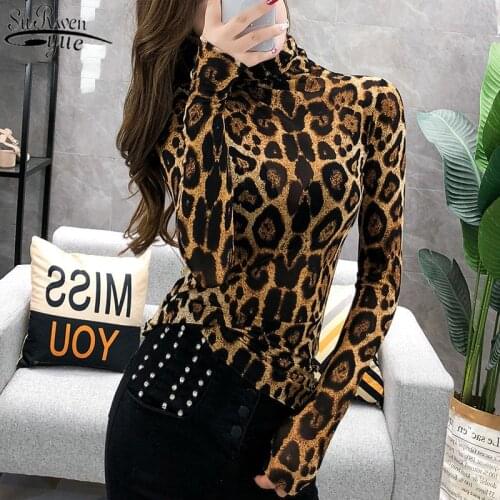 Elegante Plus Size Tops Fashion Women Long Sleeve Leopard Blouse Turtleneck Shirt Ladies OL Party Top Streetwear Blusas 7704 50