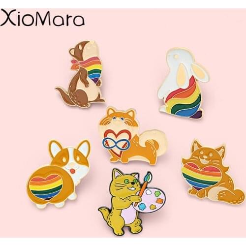 Rainbow Animals Enamel Pins Cat Painter Brooches Squirrel Rabbit Dog Lapel Badges Jewelry Wholesale Cartoon Gift for Friends