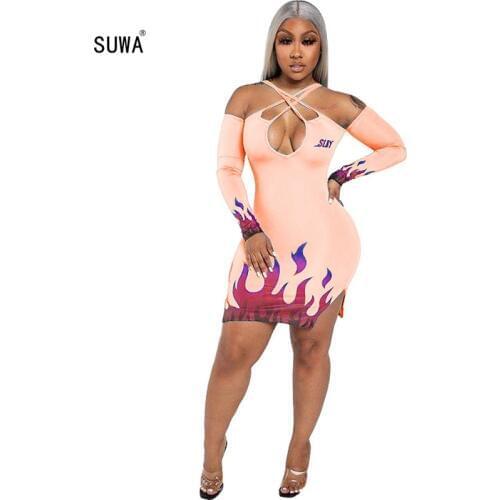 Fitness Sexy V Neck Bodycon Dress Women Long Sleeve Neon Flame Print Dresses Zipper 2020 Autumn Fashion Slim Mini Dress On Sale