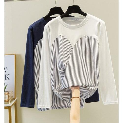 Nkandby Plus Size Patchwork T-shirt 2021 Autumn Korean 100kg Female Fashion Stripe Large Tshirt Long Sleeve Loose Fake Two Tops