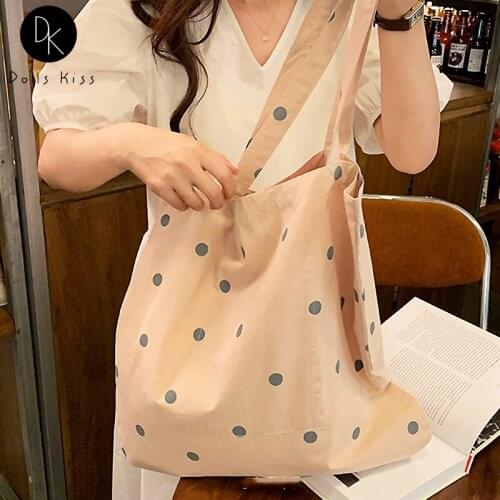 Women Canvas Shopping Bag Ladies Retro Simple Polka Dot Cute Shoulder Bag Female Casual Eco Bag Girls Design Travel Totes