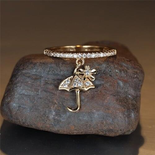 Dainty White Zircon Round Ring Vintage Gold Silver Color Wedding Ring Cute Flower Small Umbrella Pendant Rings For Women Jewelry