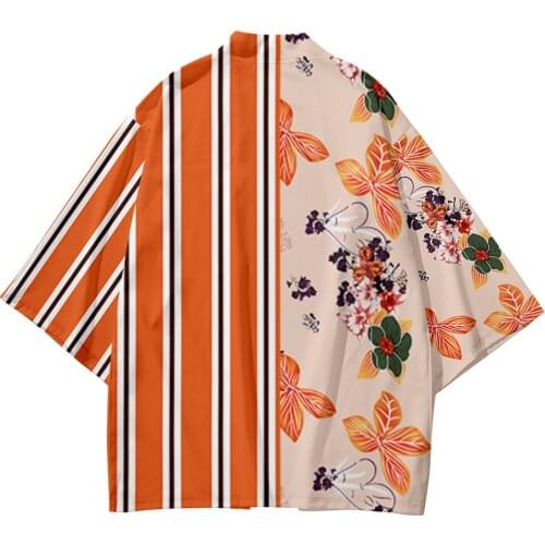 Plus Size 5xl 6XL Orange Striped Beach Harajuku Japanese Set Fashion Kimono Men Women Cardigan Haori Obi Asian Clothes Pant Suit