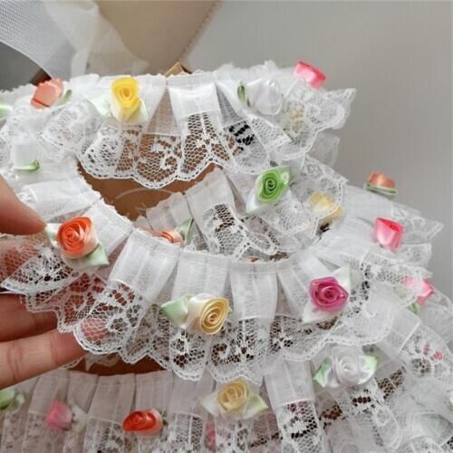 Colorful 3D Rose Lace Trim Ruffled Bridal Lace Baby Dress 1.9” Wide 2 Yards Long