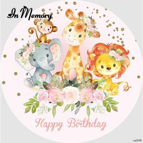 Round Animals Baby Shower 1st Birthday Party Photography Backgrounds Lion Elephant Circle Photography Backgrounds Plinth Cover
