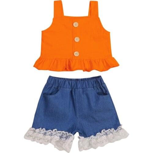 Summer Sweet Style Little Girls Outfit Set Solid Color Flouncing Hem Sleeveless Suspender Tops + Lace Edge Denim Shorts Suit