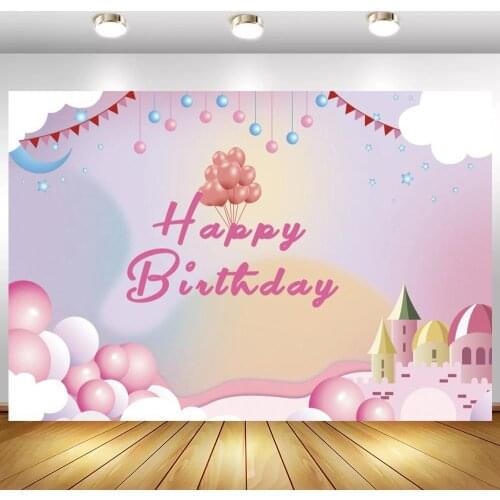 Cute Newborn Baby Shower Photo Backgrounds Pink Balloon Castles Girl Princess Backdrops Photography For Cake Table Decor