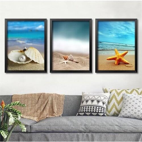 Morden Mediterranean Beach Natural Scenery Painting Shell Pearl Blue Sky White Cloud Canvas Wall Picture Poster Room Decoration