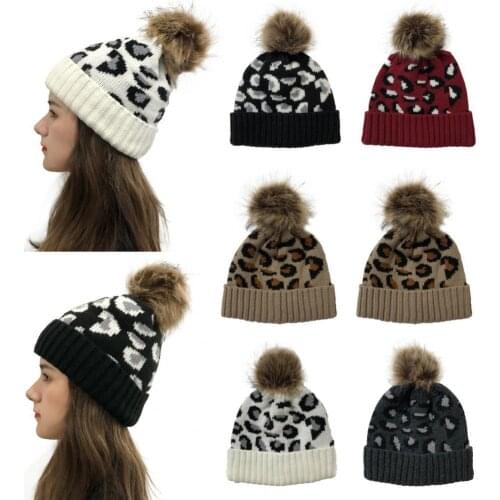 2021 New Fashion Women Winter Leopard Print Skullcap Plush Lined Knitted Hat Outdoor Warm Cap