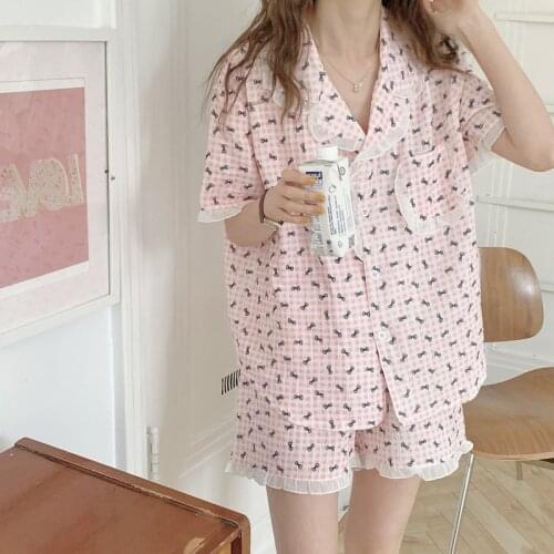Summer New Bow Print Pajamas Womens Plaid Cute Nightgown Short Sleeve Shorts Home Wear Set Female Sleepwear Lady Nightwear