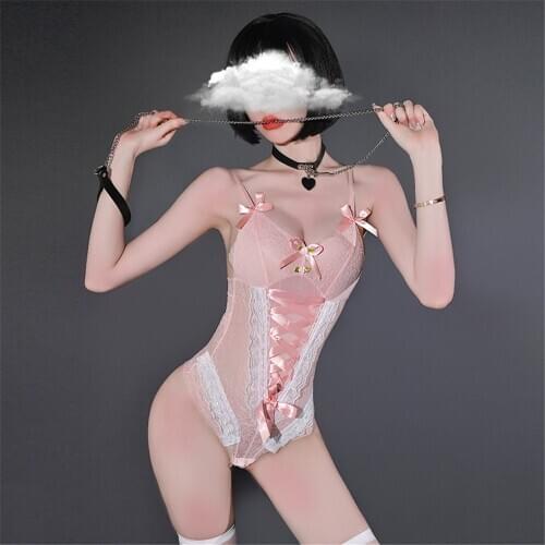New Sexy Pink Cotton Lace lingerie Set Maid Cosplay Lovely Bandage Bowknot Trim Sling Jumpsuits Erotic Bodysuit Women Underwear