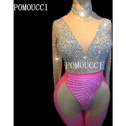 Women New Multicolor Shiny Rhinestone Sexy Jumpsuit Evening Party Stretch Costume Stage Wear Rhinestone Celebrate Bodysuit