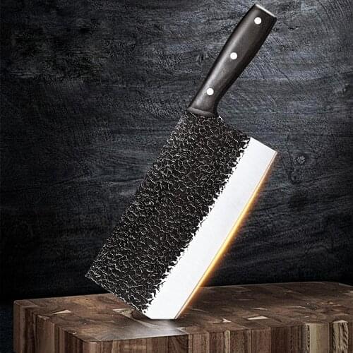 Hand Forged Hammer Pattern Chopping and Cutting Dual-use Kitchen Knife Household Slicing Bone Chopping Knife Meat Cleaving Knife