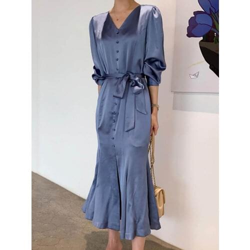 Spring Autumn New Temperament Fashion Elegant Smog Blue Thin V-neck Puff Sleeve Loose Lace-up Waist Fishtail Dress UK774