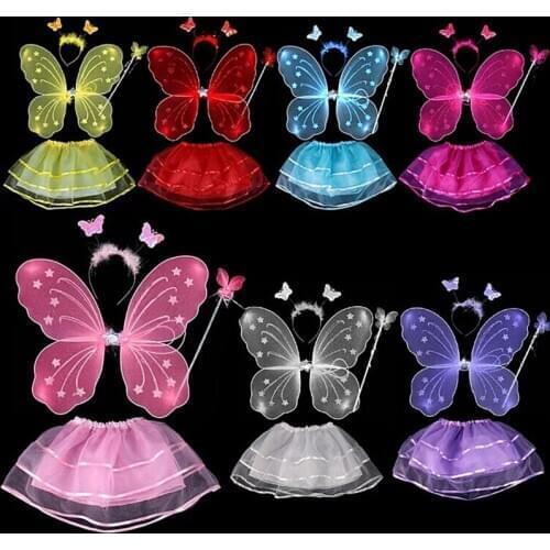 4Pcs Kids Girls Fairy Princess Costume Sets Colorful Stage Wear Butterfly Wings Wand Headband Tutu Skirts Hot