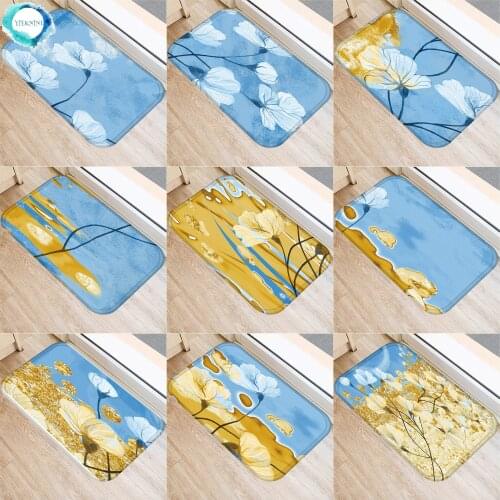 1 Pcs 40x60cm Golden Blue Flower Pattern Anti-Slip Carpet Door Mats Doormats Outdoor Kitchen Living Room Floor Mat Rug