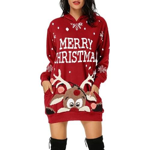 NEDEINS Christmas Dress Hoodie Women Long Sleeve Mini Dress Fashion Pocket Printing Winter Dresses Plus Size Clothing 2020