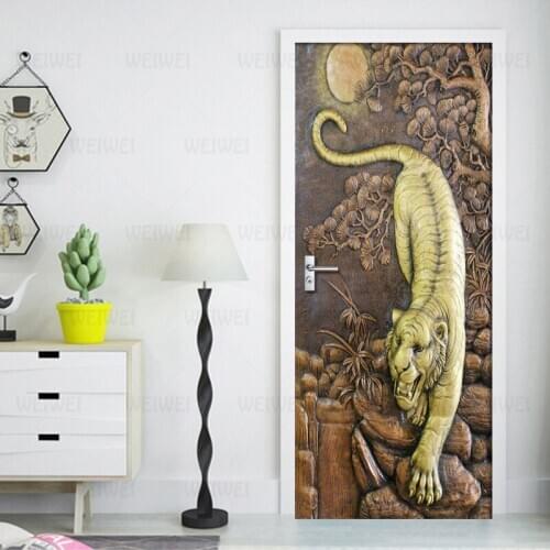 DIY Door Sticker PVC Waterproof Self-adhesive 3D Embossed Tiger Forest Wallpaper Poster Living Room Door Decor Mural 3D Decals