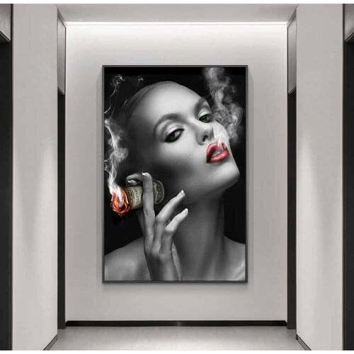 Sexy Lips Smoking Money Girls Canvas Art Posters And Prints Modern Art Canvas Paintings On the Wall Art Pictures Home Decor