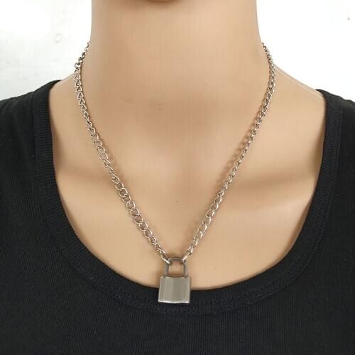 Stainless Steel Silver Color PadLock Pendant Necklace Brand New Rolo Cable Chain Necklace collar ras du cou collier femme women