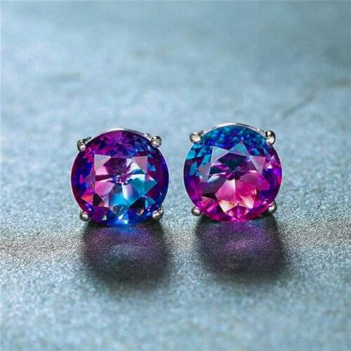 Luxury Female 6/7/8mm Blue Red Rainbow Earrings 100% Real 925 Sterling Silver Earrings For Women Small Round Stud Earrings