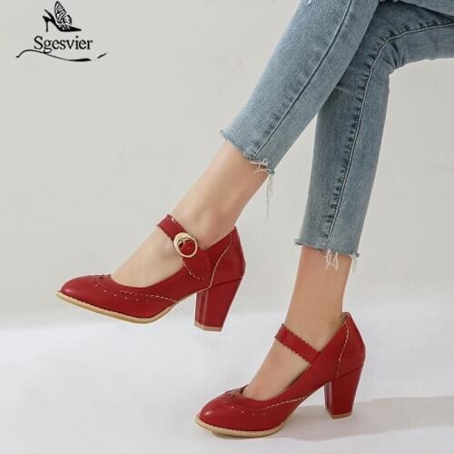 Sgesvier 2020 Fashion Lolita Womens Shoes Pink Red Black Block Women Heels Mary Jane Party High Heel Shoes Plus Size 32-48 Pumps