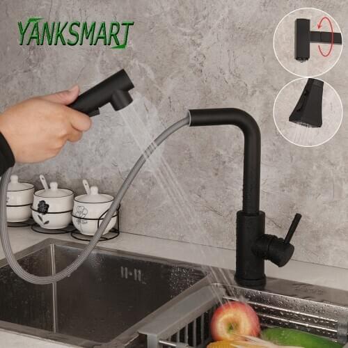 YANKSMART Matte Black Kitchen Faucet Deck Mounted Pull Out Spray Sink Faucets 360 Degree Rotation Hot And Cold Mixer Water Tap