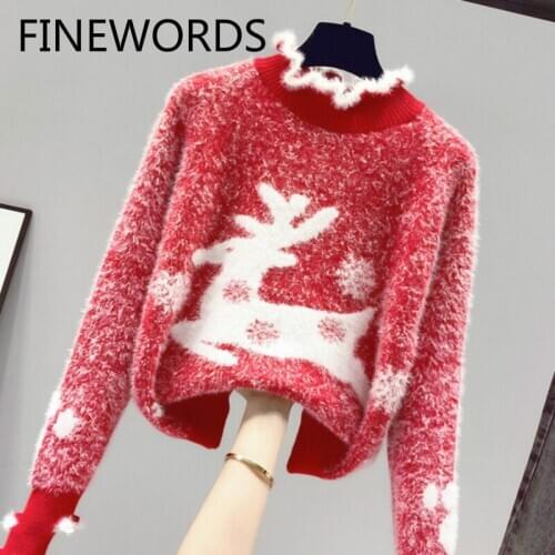 FINEWORDS Red Deer Printed Vintage Christmas Sweater Casual Turtleneck Winter Knit Sweater Women Loose Warm Korean Pullovers