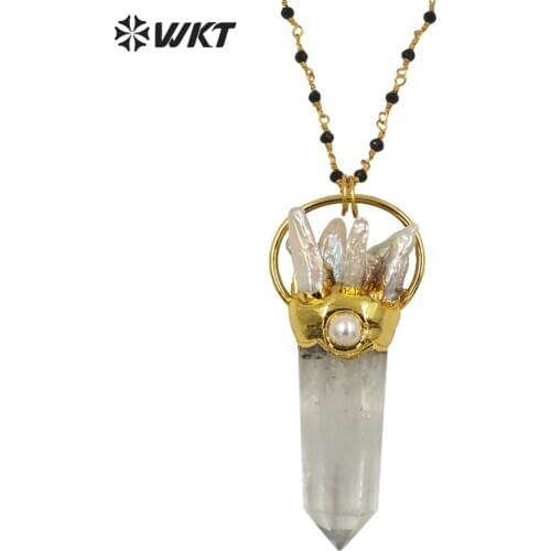 WT-N1265 Wholesale fashion gold electroplated white crystal quartz point stone necklace lady big stone energy pearl necklace