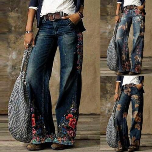 Women Retro High Waist Wide Leg Floral Print Long Loose Jeans Pants Trousers Boyfriend Jeans
