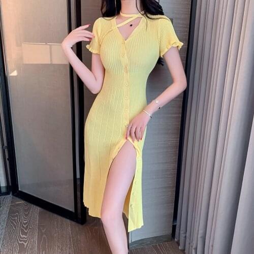 Fashion Summer Casual Single Breasted Bodycon Midi Party Dress Ladies Streetwear Vintage V-Neck Short Sleeve Stretch Knit Dress