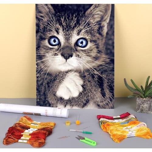 Animal Cat Printed Water-Soluble Canvas 11CT Cross Stitch Patterns Embroidery DMC Threads Painting Handmade Sewing Package
