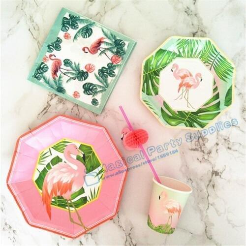 16 Sets Pink/Green Flamingo Tableware Party Paper Plates Sweet Dishes Paper Cups Baby Shower Favor Paper Napkins Drinking Straws