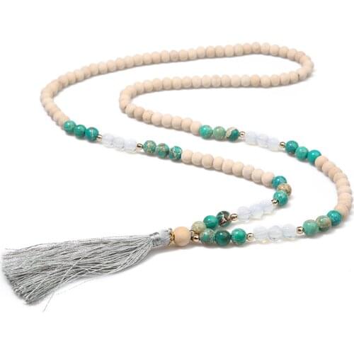 8mm Wooden Beads Emperor Stone Opal Beaded Necklace 108 Japamala Meditation Yoga Jewelry Mala Rosary Tassel Pendant