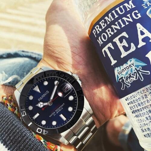 Parnis 40MM Black Bezel Mechanical Automatic Men Watches Stainless Steel Bracelet Mens Watch Man Clock Top Luxury Brand 2020