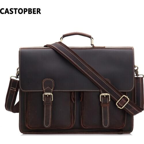 Crazy Horse Cow Genuine Leather Vintage Mens Leather Briefcase Shoulder Messenger Bag 14" Laptop Crossbody Bag Designer Brand