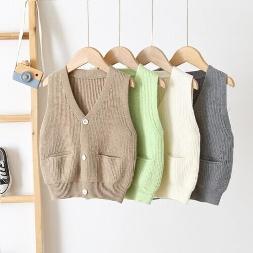 Childrens Clothing 2020 Autumn Winter Baby Casual Knitted Vest Korean Solid V Neck Vest Cardigan for Boys Girls Kids Waistcoat