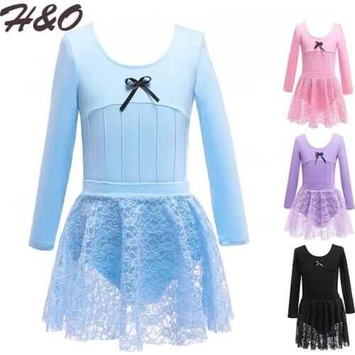 Kids Cute Bow Long Sleeve Ballet Tutu Lace Dress Ballerina Dance Leotard with Chiffon Ballet Skirt Girl Gymnastics Leotard Set