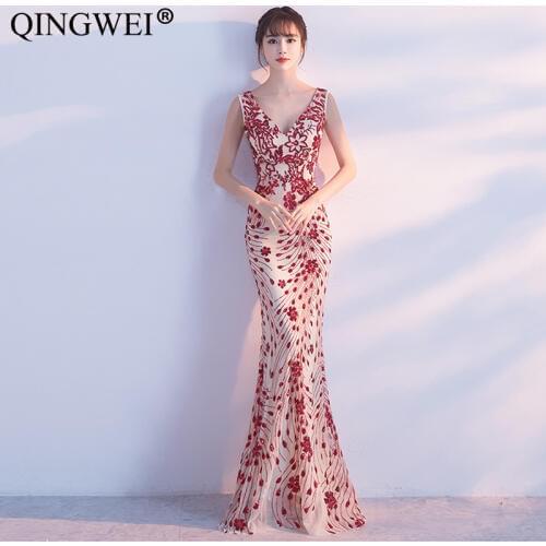 Europe V Neck sequins fishtail hosted the performance party dresses long annual meeting banquet car model slim elegant dress