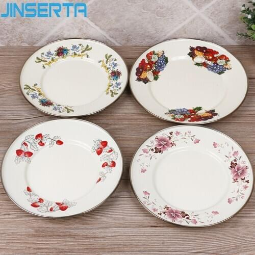 JINSERTA Antique Enamel Storage Tray Printing Dessert Fruit Snack Nuts Plate Tea Coffee Plate Home Restaurant Serving Tray