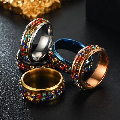 Megin D Stainless Steel Color Stone Luxury Zircon Vintage Boho Spinning Rings for Women Men Couple Friends Gift Fashion Jewelry