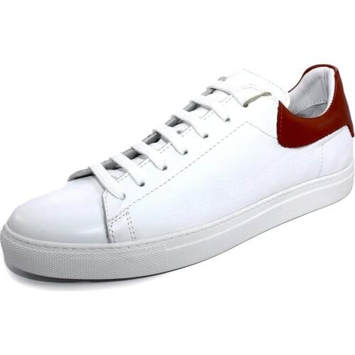 Handmade White Red Sneakers with Real Calf Leather, Mens Classic Sport Shoes, Tennis Shoes, Teenagers Jeans Leisure Style