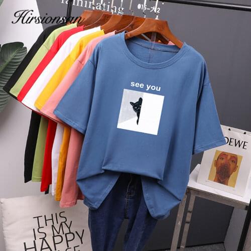 Hirsionsan Cartoon Printed Cotton Summer T Shirts Women Soft Kawaii Loose Tees Female Plus Size Short Sleeve Tops for Lady 2021