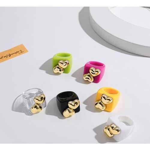 Minimalist Multicolor Square Acrylic Resin Chunky Rings for Women Fashion Geometric Love Heart Gold Metal Rings Jewelry Gifts