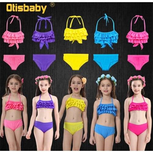 Fashion Girls Lotus leaf Solid Bikini Child Little Mermaid Ruffle Top Swimwear and Swimming Trunks Beach Vacation Clothing Set