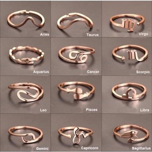 New Design 12 constellations Zodiac Sign Finger Rings Rose Gold color 316 titanium steel Adjustable size Womens Rings